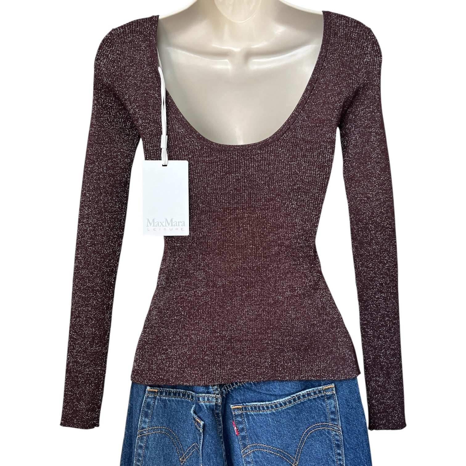 MaxMara Favella Ribbed Knit Jumper – Wine Metallic Thread, XS – pre-loved