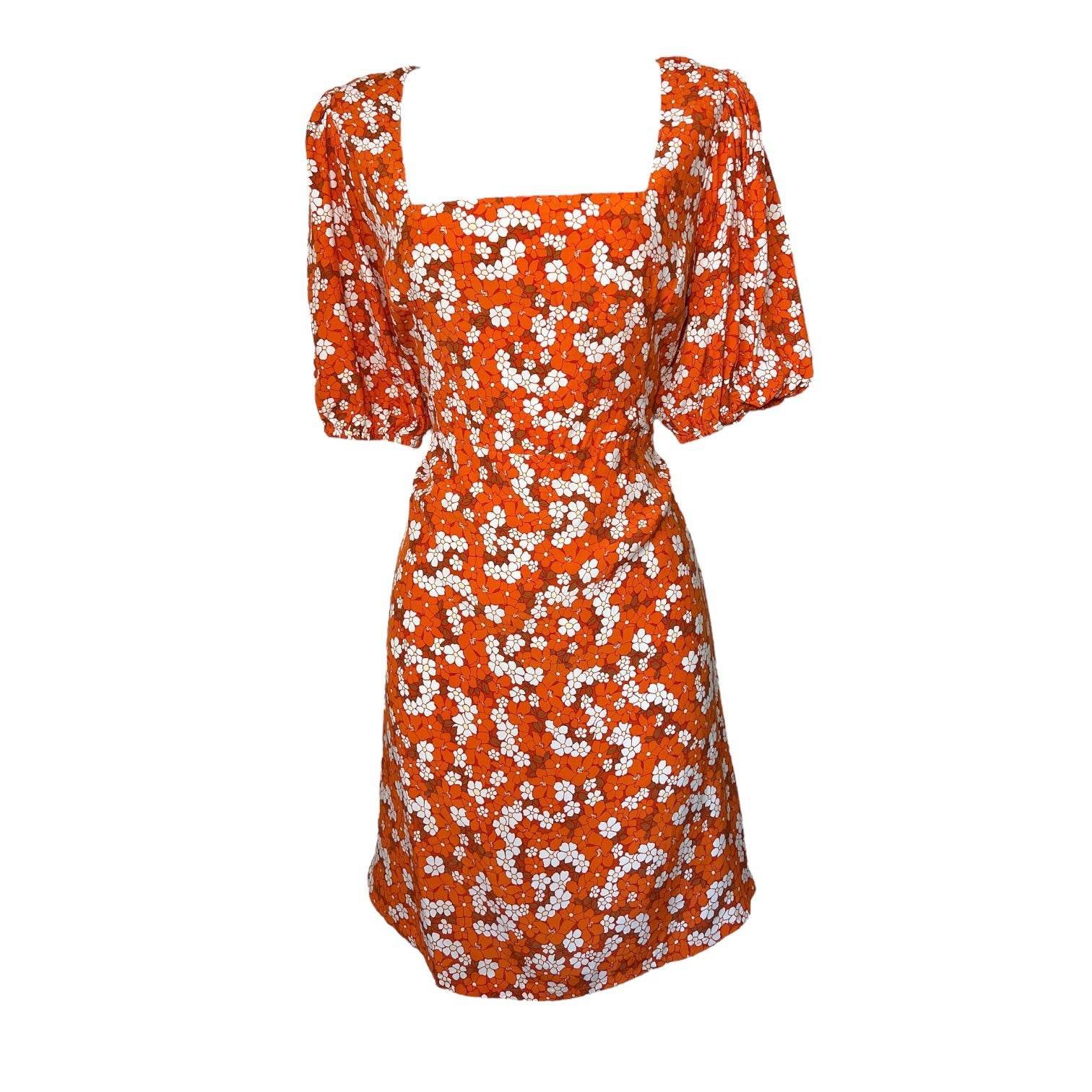 Faithfull The Brand Floral Mini Dress – Puff Sleeves, Open Back, M – pre-loved