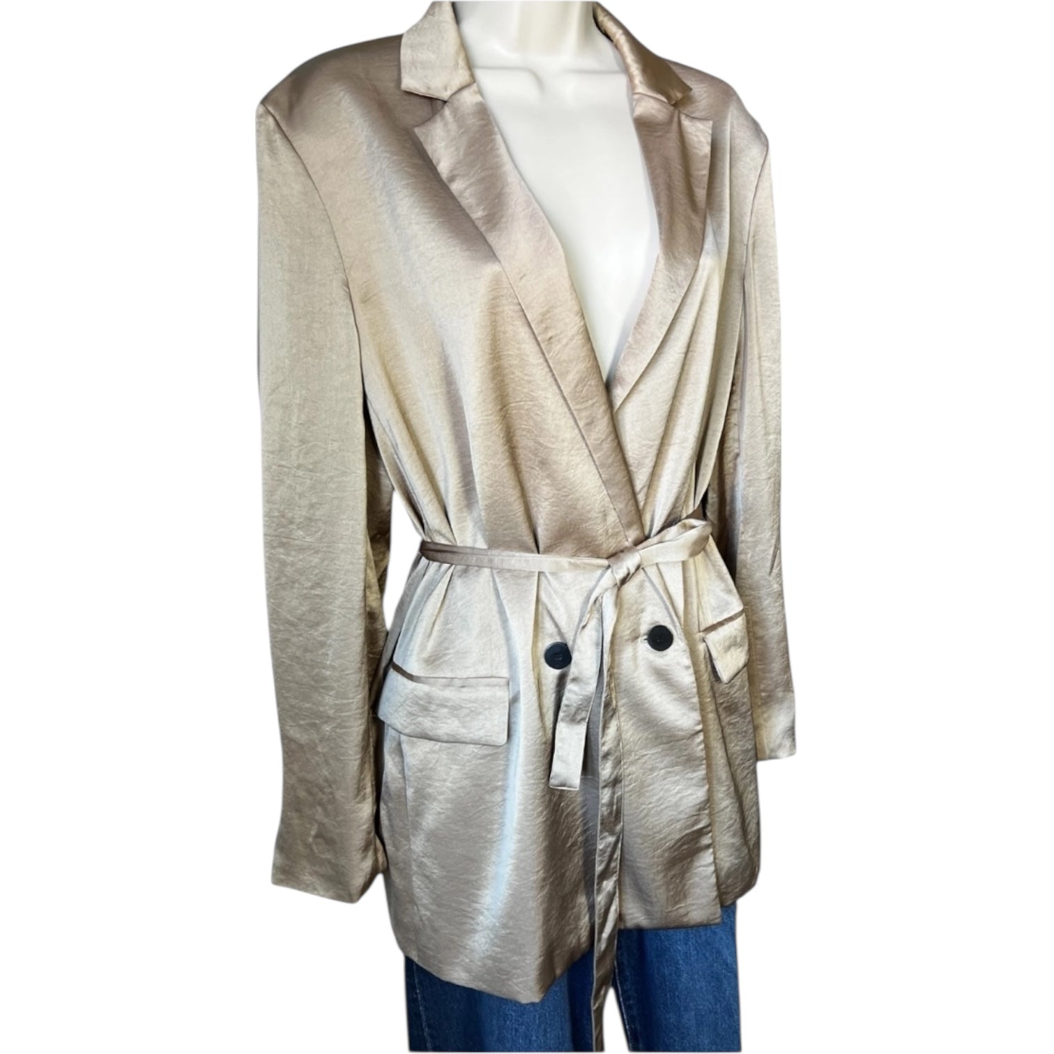 Theory Double-Breasted Belted Blazer – Crushed Satin, Size L – pre-loved