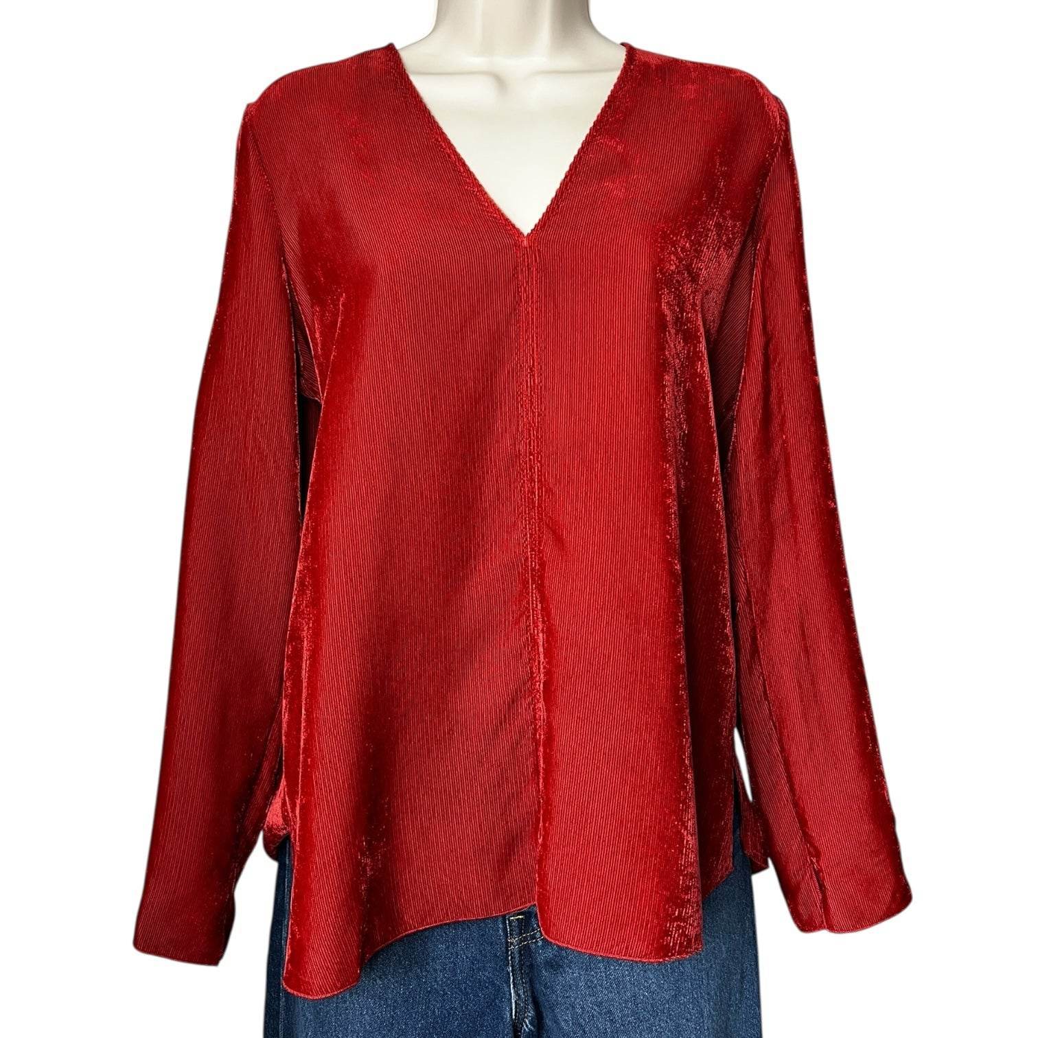 Forte Forte Ribbed Corduroy V-Neck Shirt – Cameo Red, Side Slits, Relaxed Fit, Sz 1 – pre-loved