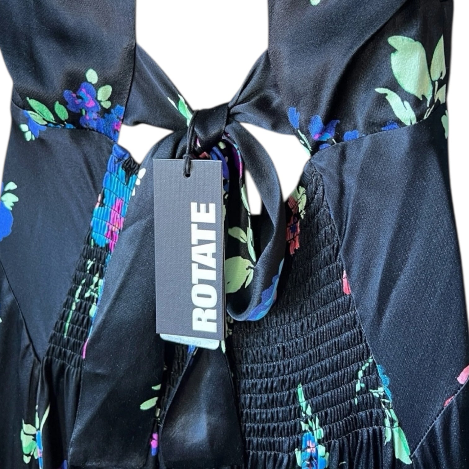 Rotate Birger Christensen Puff Sleeve Satin Midi Dress – Black Floral, DE38