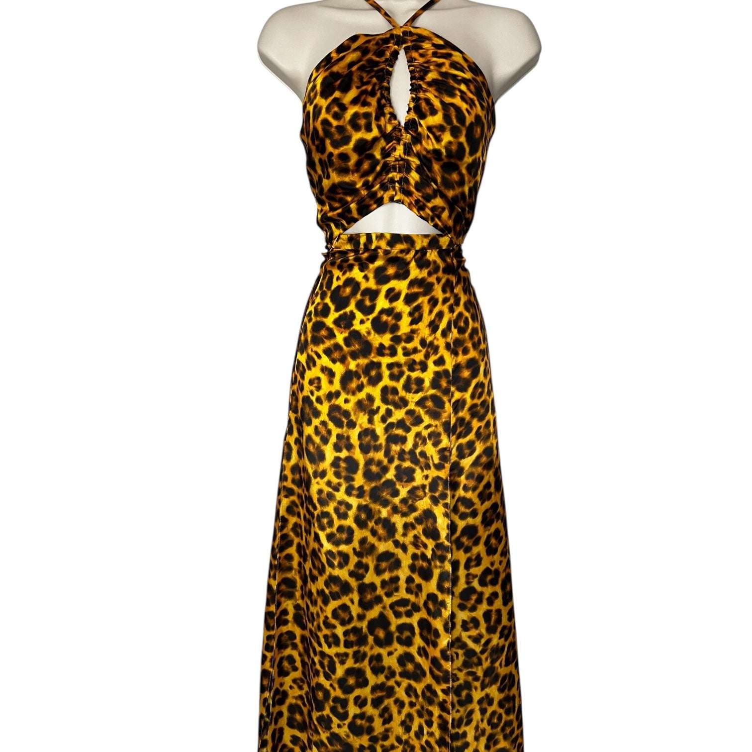 Sandro Satin Midi Dress – Halter Neck, Leopard Print, Cut-Out Detail, Wedding Guest Ready, FR 38 – pre-loved