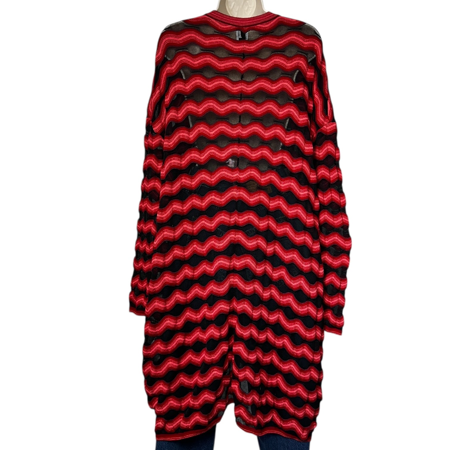 M Missoni Red & Black Zig-Zag Knit Long Cardigan – Wool Cotton Mesh, S