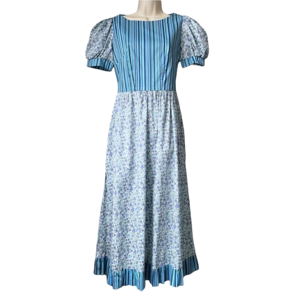 O Pioneers Midi Dress – Handmade Floral & Stripe, Cotton, UK8 – pre-loved