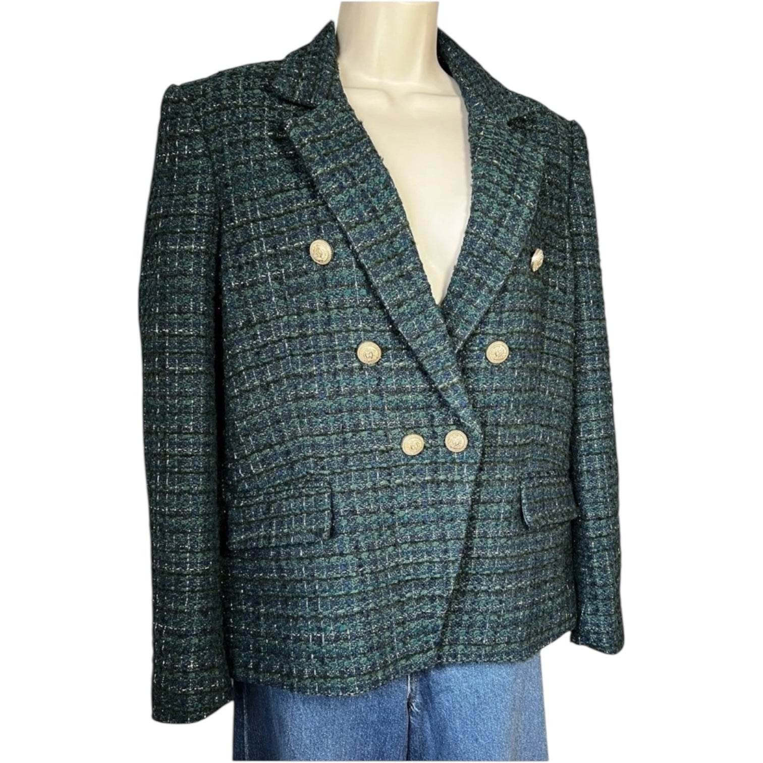 Generation Love Kaya Blazer – Metallic Hunter Green Tweed, Size L – pre-loved