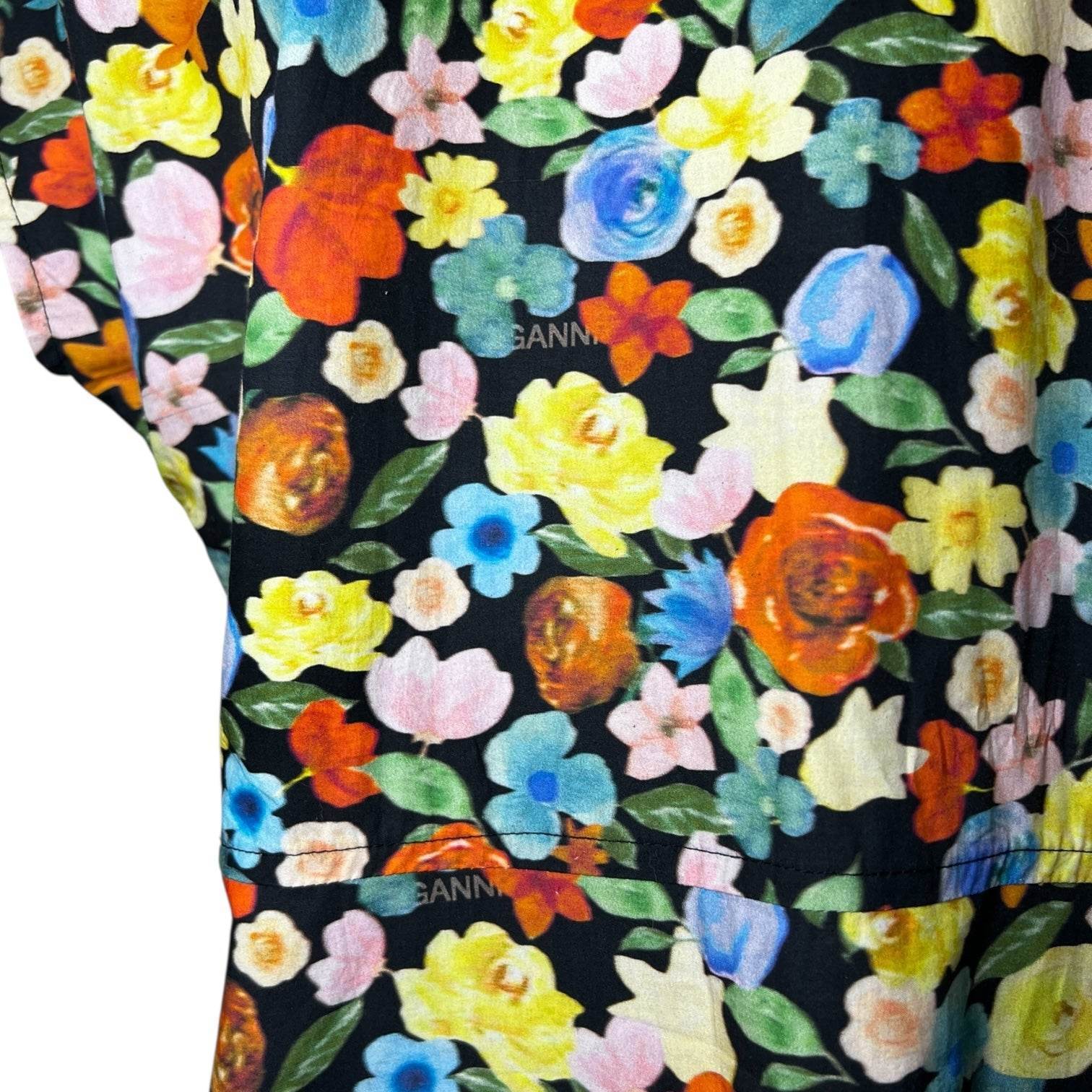 Ganni Floral Cotton Midi Dress – Ruffle Tie Neck, Boho Cottagecore Style, Size 38 (UK10) – pre-loved