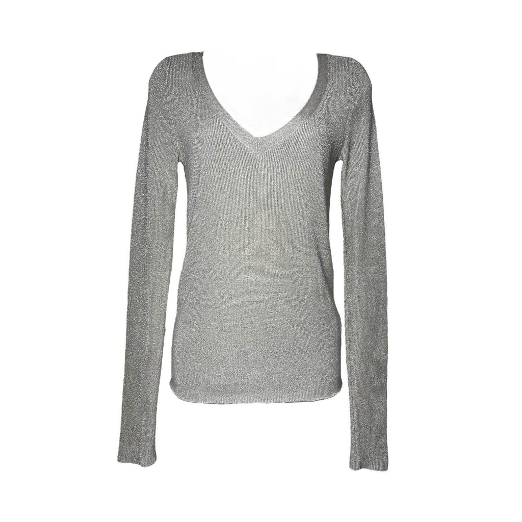 Joseph Metallic Silk V-Neck Jumper – Silver Knit, Size S – pre-loved