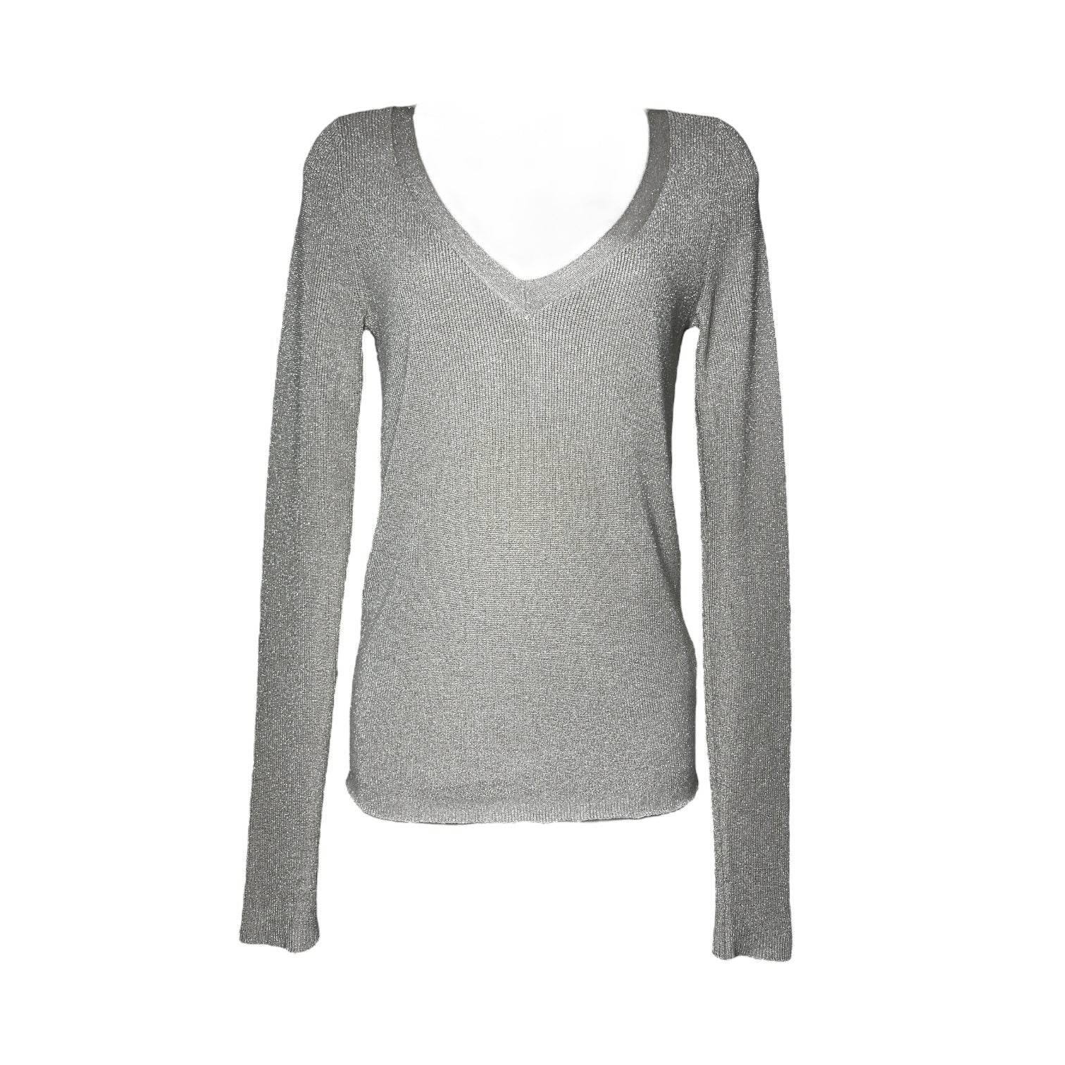 Joseph Metallic Silk V-Neck Jumper – Silver Knit, Size S – pre-loved