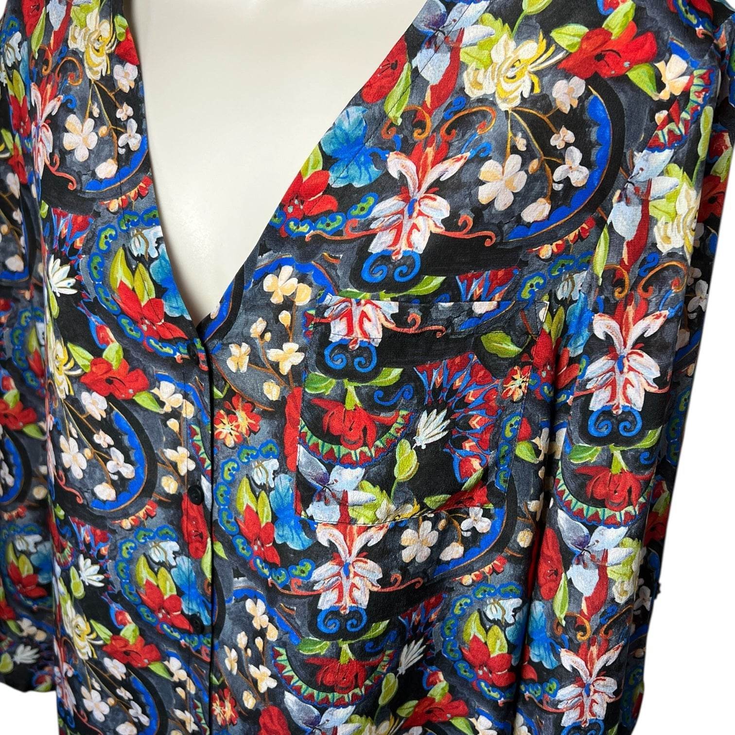 Alice + Olivia Silk Blouse – Floral Tapestry Print, Button Front, S – pre-loved