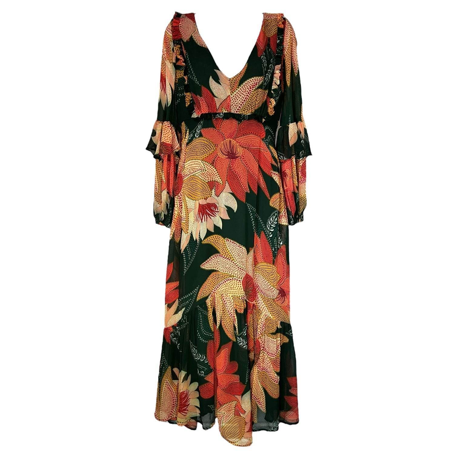 Farm Rio Floral Ruffle Maxi Dress – Balloon Long Sleeves, XS – pre-loved