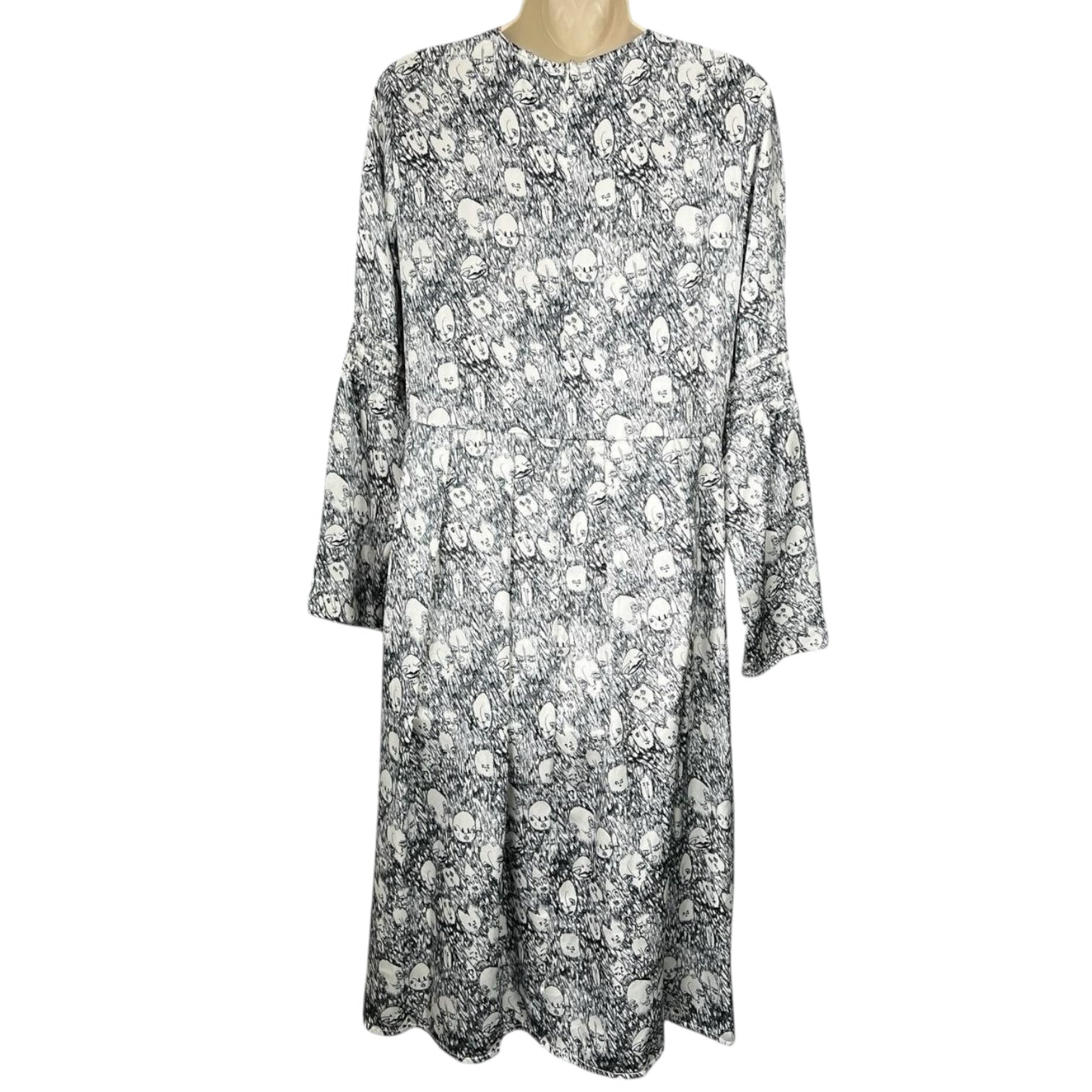 Shrimps Silk Pleated Dress – Retro Art Face Print, UK8