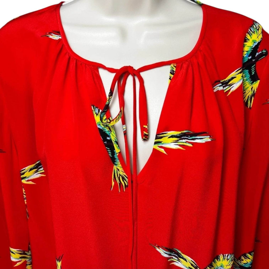 DVF Aurora Bird Print Silk Blouse – Red Tie Neck, US6 – pre-loved