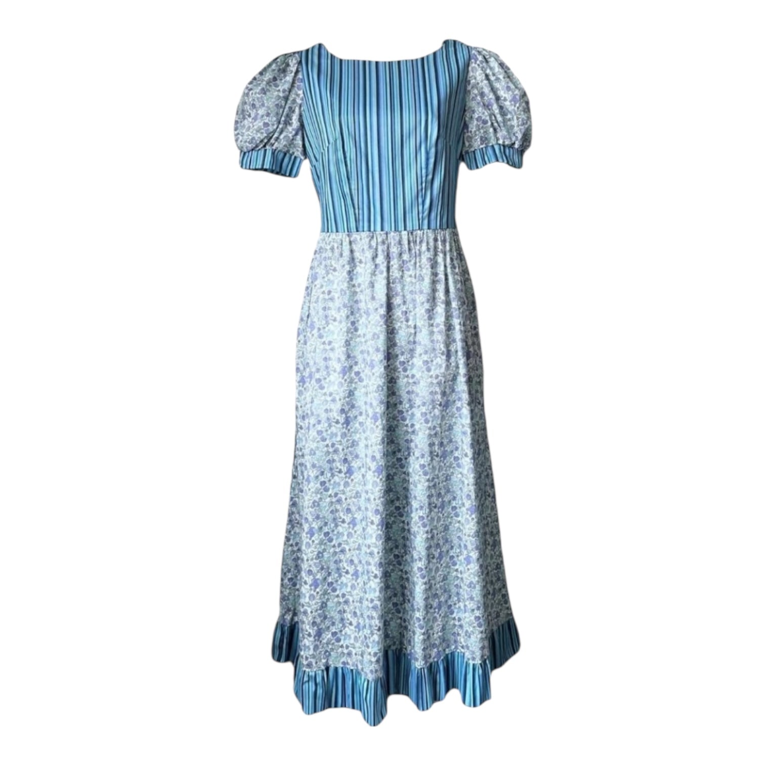 O Pioneers Midi Dress – Handmade Floral & Stripe, Cotton, UK8 – pre-loved