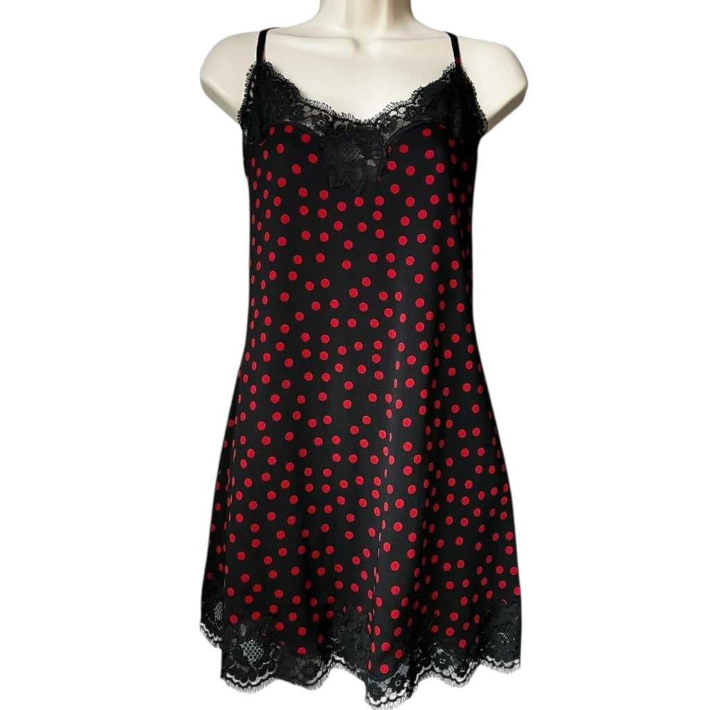 Dolce & Gabbana Polka Dot Lace Trim Silk Slip Mini Dress – Black/Red, L