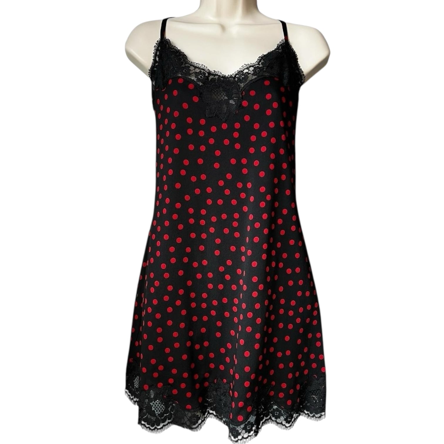 Dolce & Gabbana Polka Dot Lace Trim Silk Slip Mini Dress – Black/Red, L