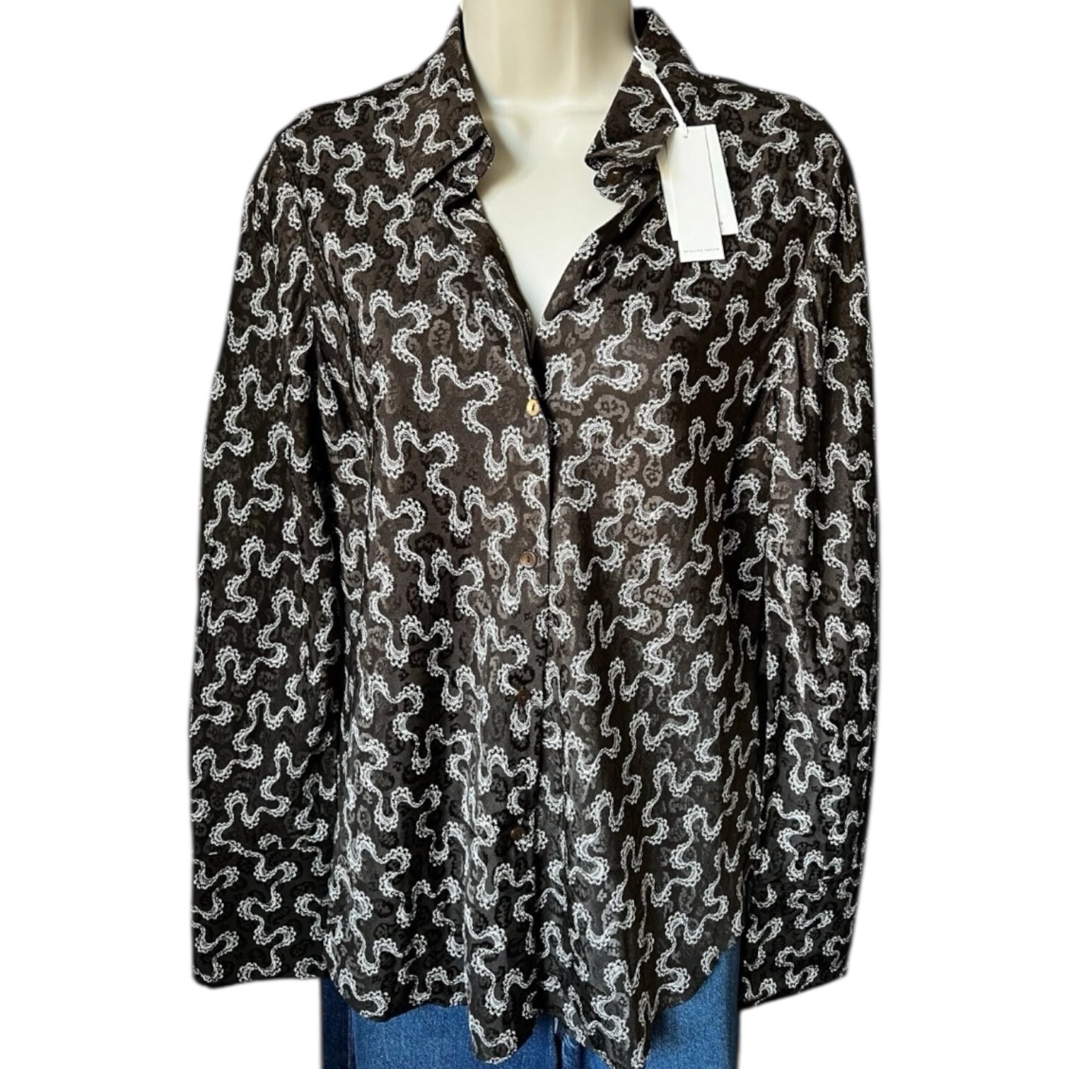 Rebecca Taylor Silk Jacquard Blouse – Collared Button Shirt, Brown, M