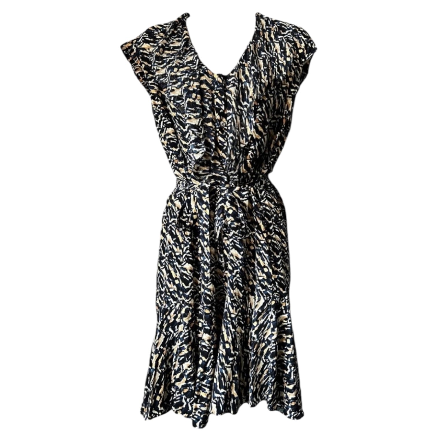 Saloni Silk Ruffle Button Mini Dress – Abstract Print, Belted, UK8 – pre-loved