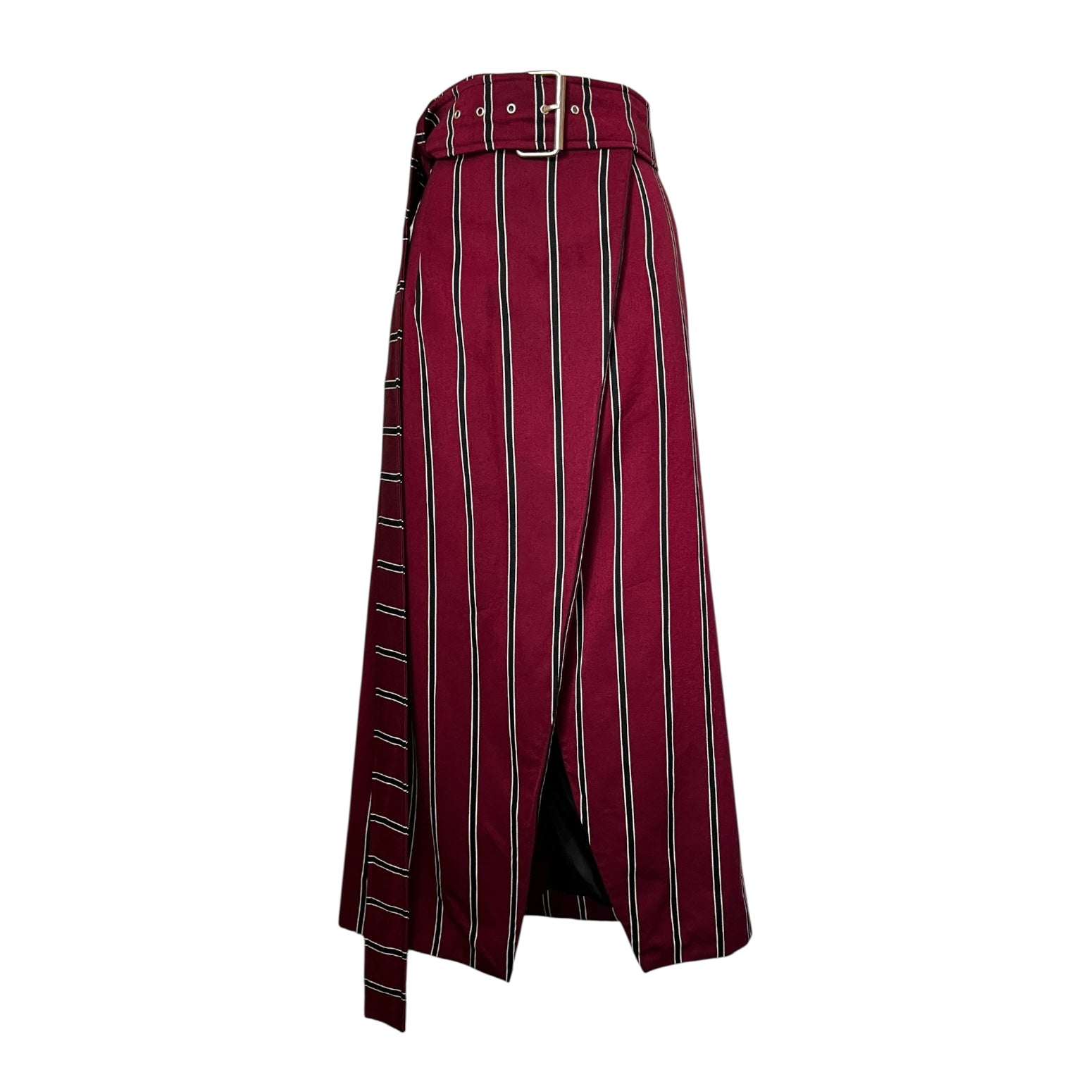Solace London Wrap Midi Skirt – Striped Wool, Belted, High Waist, UK 8 – pre-loved