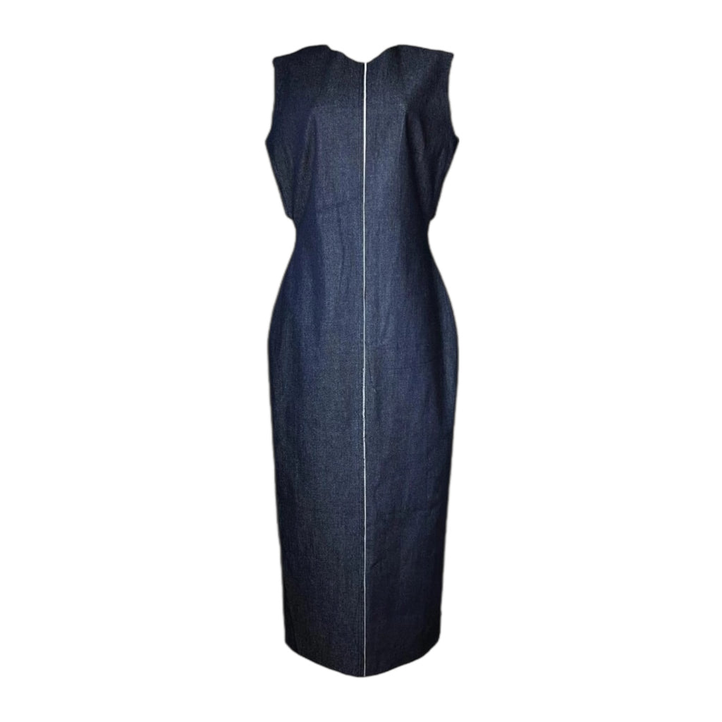 Solace London Denim Chambray Midi Dress – Cut-Out Button Back Shift, UK10