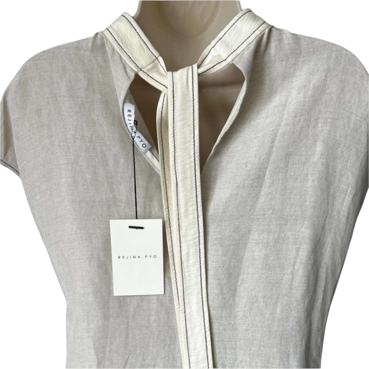 Rejina Pyo “Kesia” Dress – Asymmetrical High Neck, Light Grey/White, Size M – pre-loved