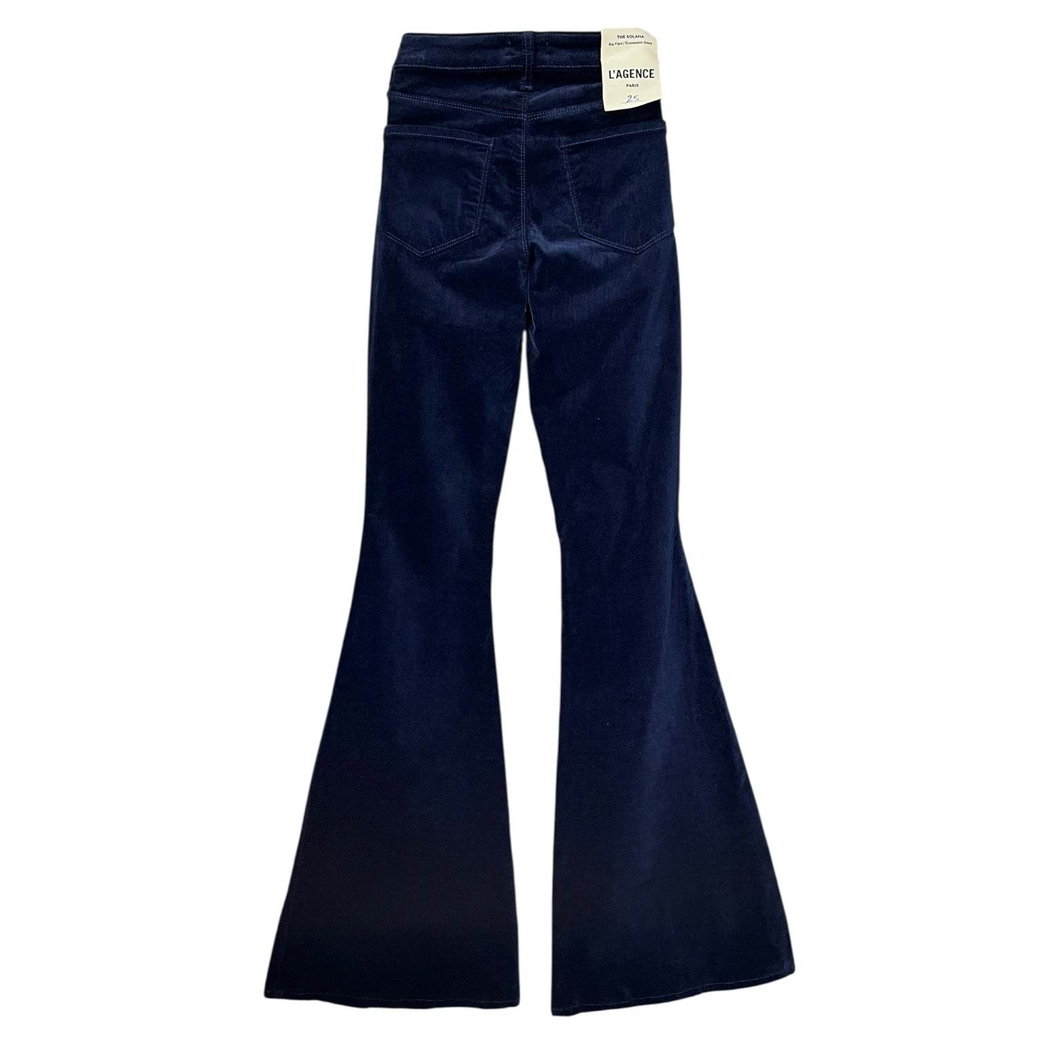 L’Agence “Solana” Velvet Flare Trousers – Mid Rise, Big Flare, Blue, Size 25 – pre-loved