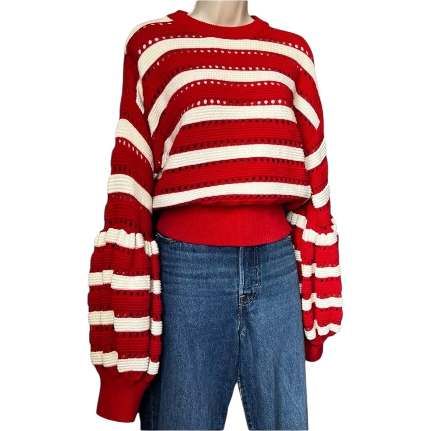 Self-Portrait Open-Knit Puff Sleeve Crop Jumper – Striped, Size L – pre-loved