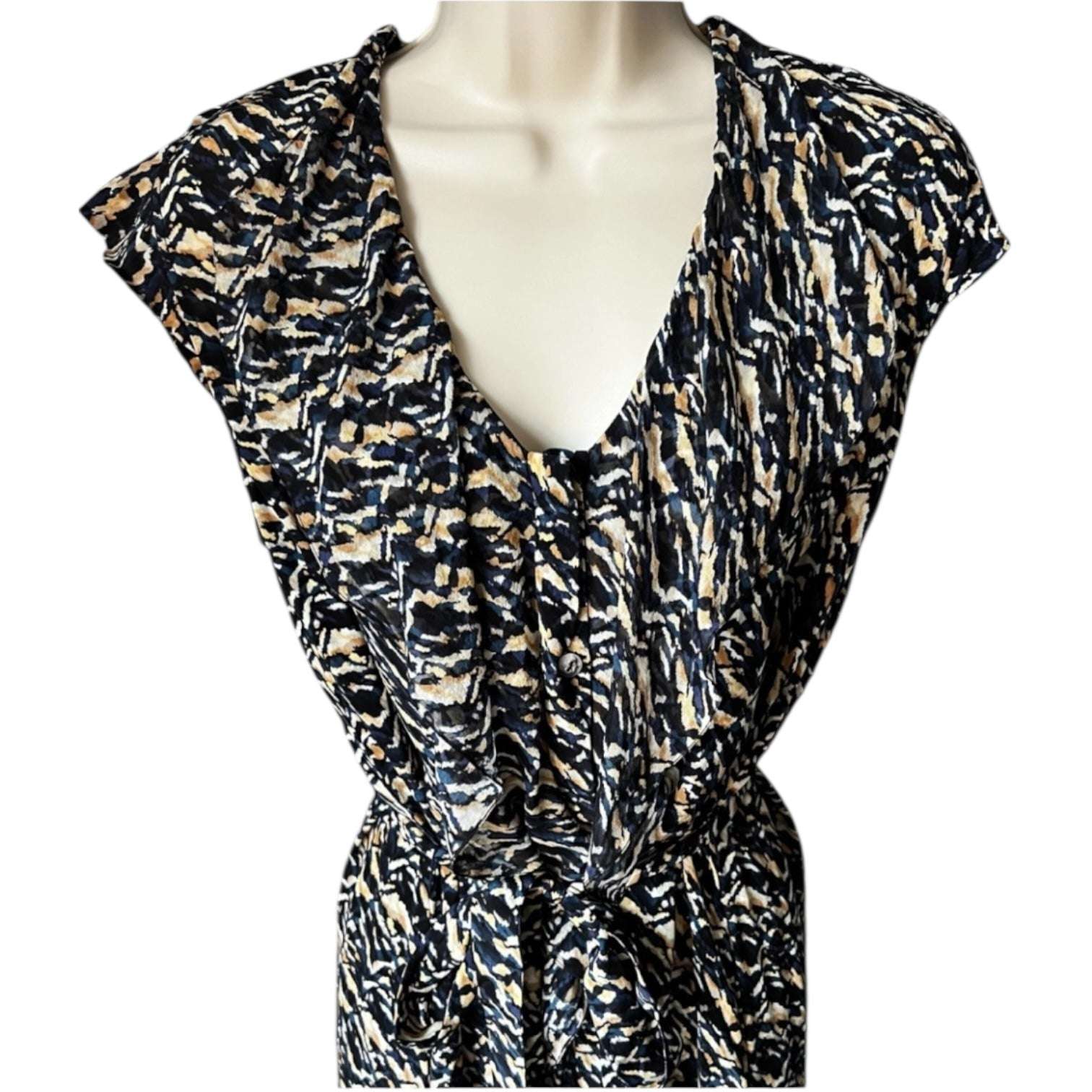 Saloni Silk Ruffle Button Mini Dress – Abstract Print, Belted, UK8 – pre-loved