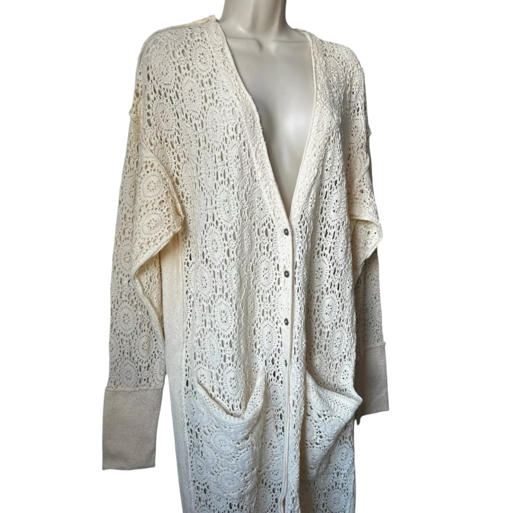 Free People Crochet Lace Duster – Boho Coastal Cardigan, Relaxed Fit, Cotton, Size S – pre-loved