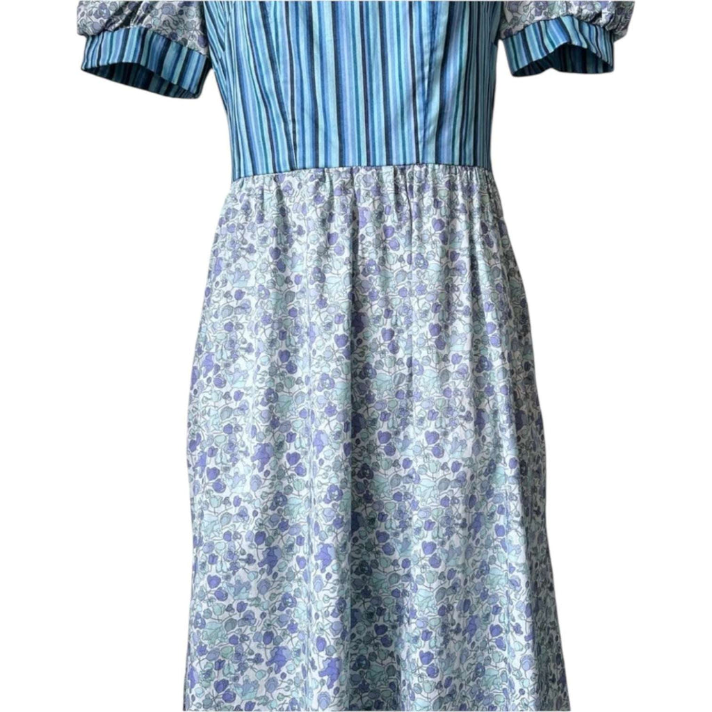 O Pioneers Midi Dress – Handmade Floral & Stripe, Cotton, UK8 – pre-loved