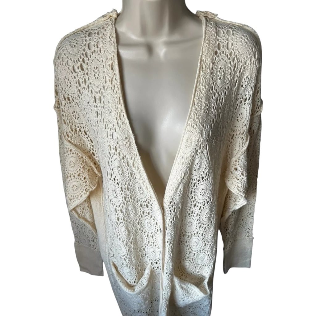 Free People Crochet Lace Duster – Boho Coastal Cardigan, Relaxed Fit, Cotton, Size S – pre-loved