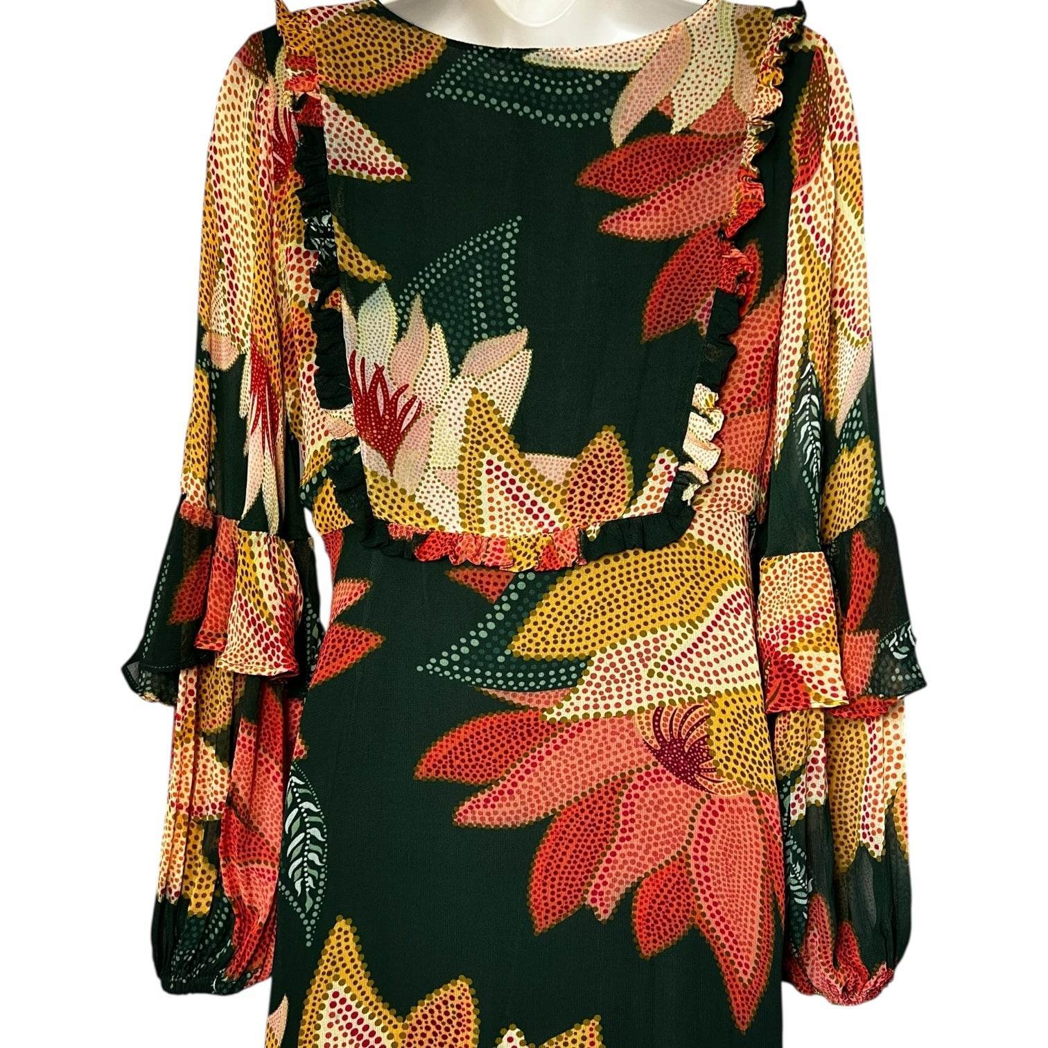 Farm Rio Floral Ruffle Maxi Dress – Balloon Long Sleeves, XS – pre-loved