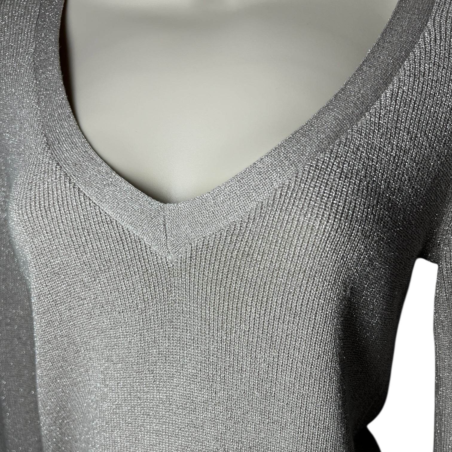 Joseph Metallic Silk V-Neck Jumper – Silver Knit, Size S – pre-loved