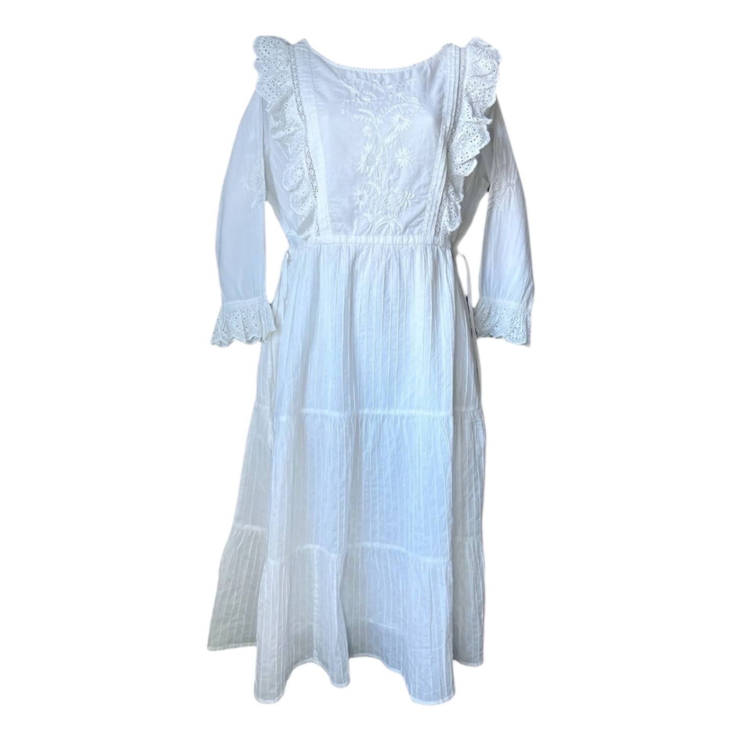 Pink City Prints Embroidered Prairie Ruffle Midi Dress – White, Cotton, L