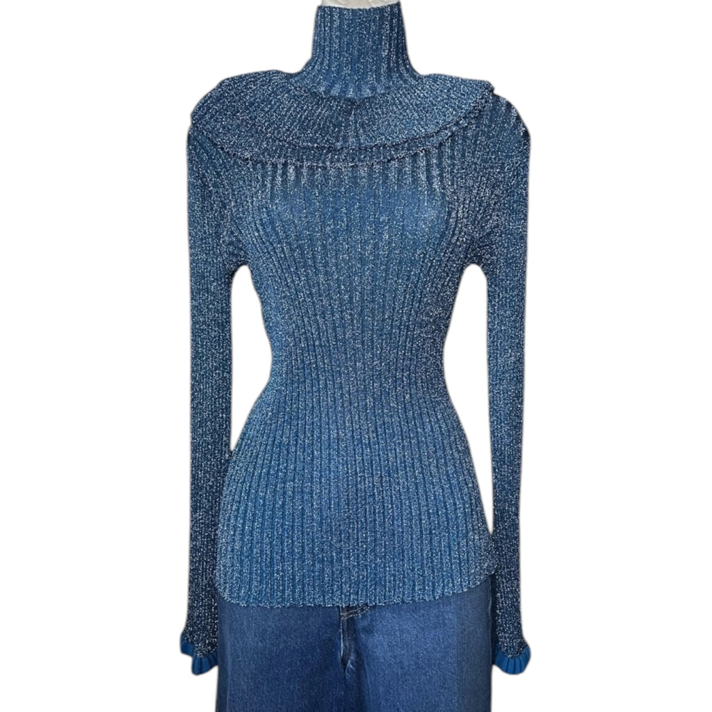 Chloé Metallic Silk Knit Turtleneck Sweater – Ruffle, S