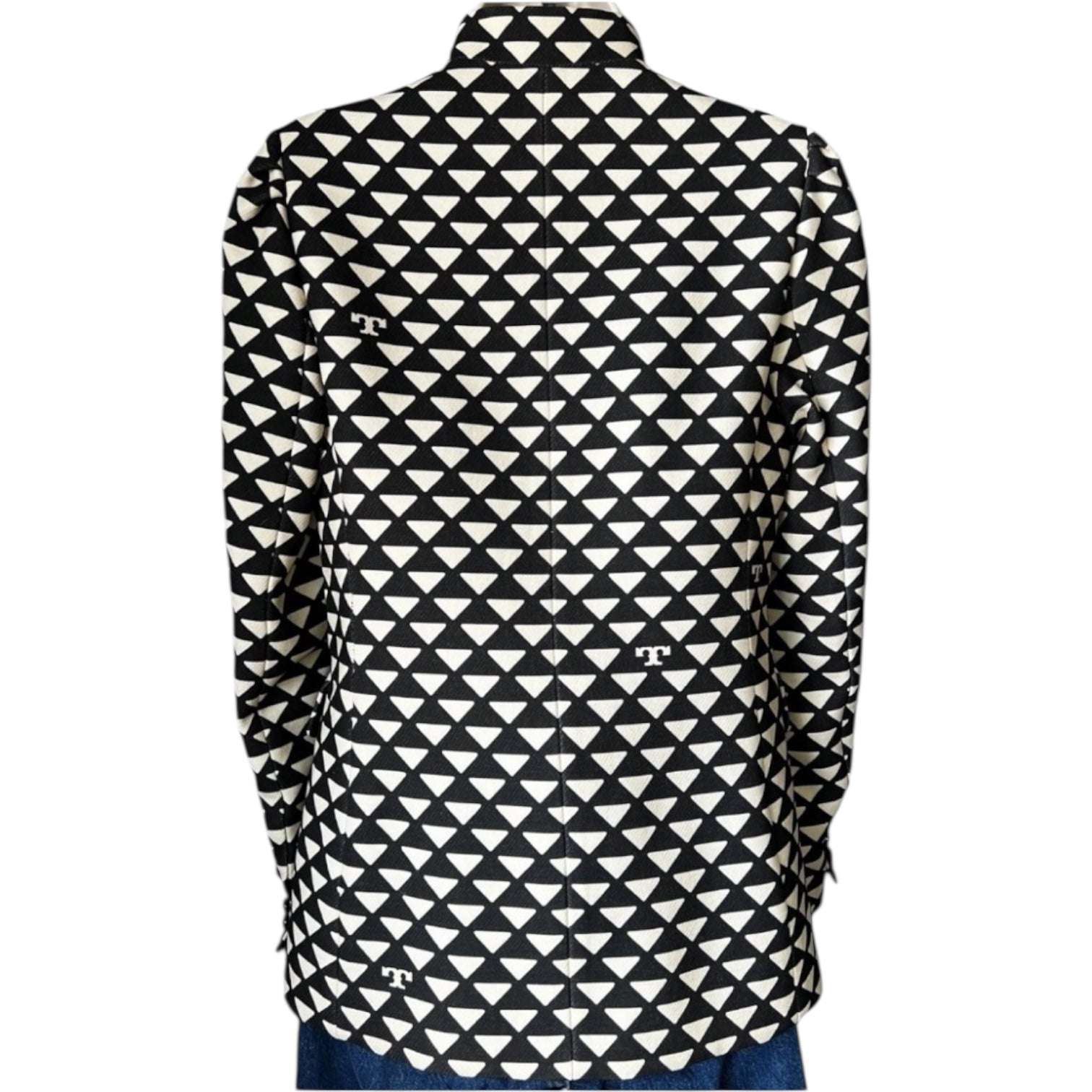 Tory Burch Triangle Geo Twill Crepe Jacket – Structured, Beige/Black, Size US 4 – pre-loved
