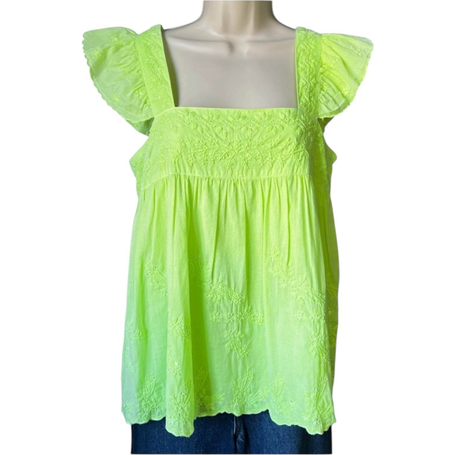 Juliet Dunn Neon Embroidered Babydoll Top – Scalloped Hem, Size 1 (UK8) – pre-loved