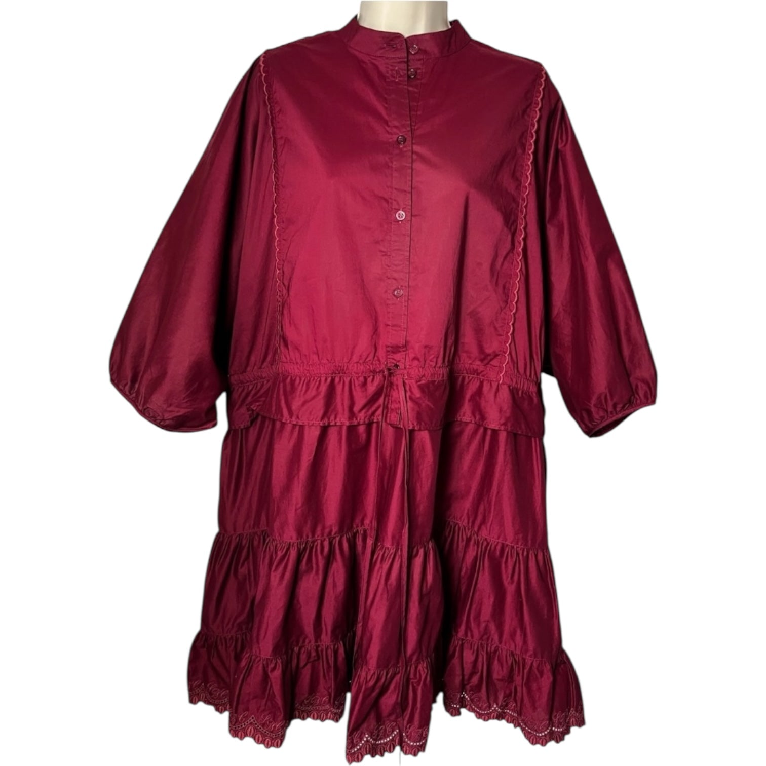 See By Chloé Tiered Ruffle Mini Dress – Red Broderie, Drawstring Waist, FR38 – pre-loved