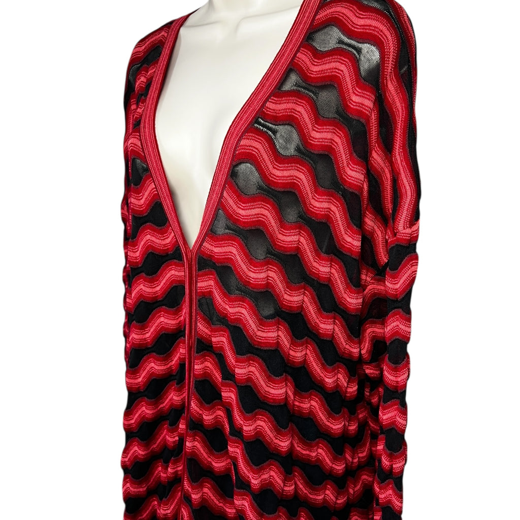 M Missoni Red & Black Zig-Zag Knit Long Cardigan – Wool Cotton Mesh, S