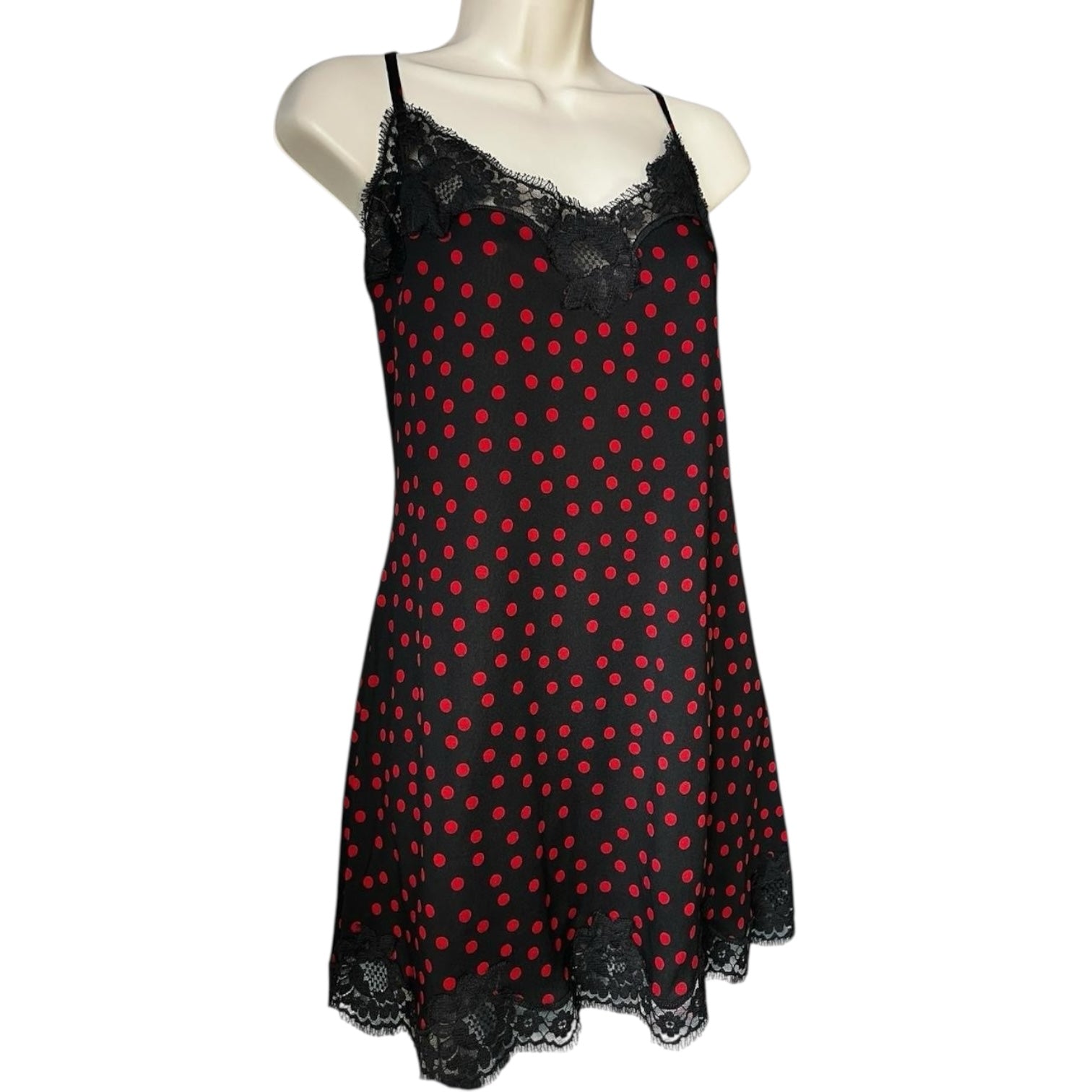 Dolce & Gabbana Polka Dot Lace Trim Silk Slip Mini Dress – Black/Red, L