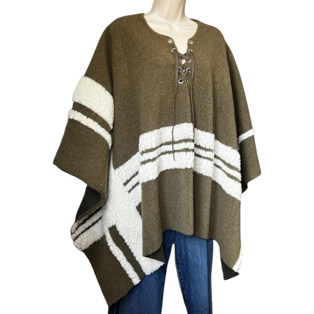 Maje Wool-Blend Shearling Knit Poncho – Khaki Green, OS (Fits XS–L) – pre-loved