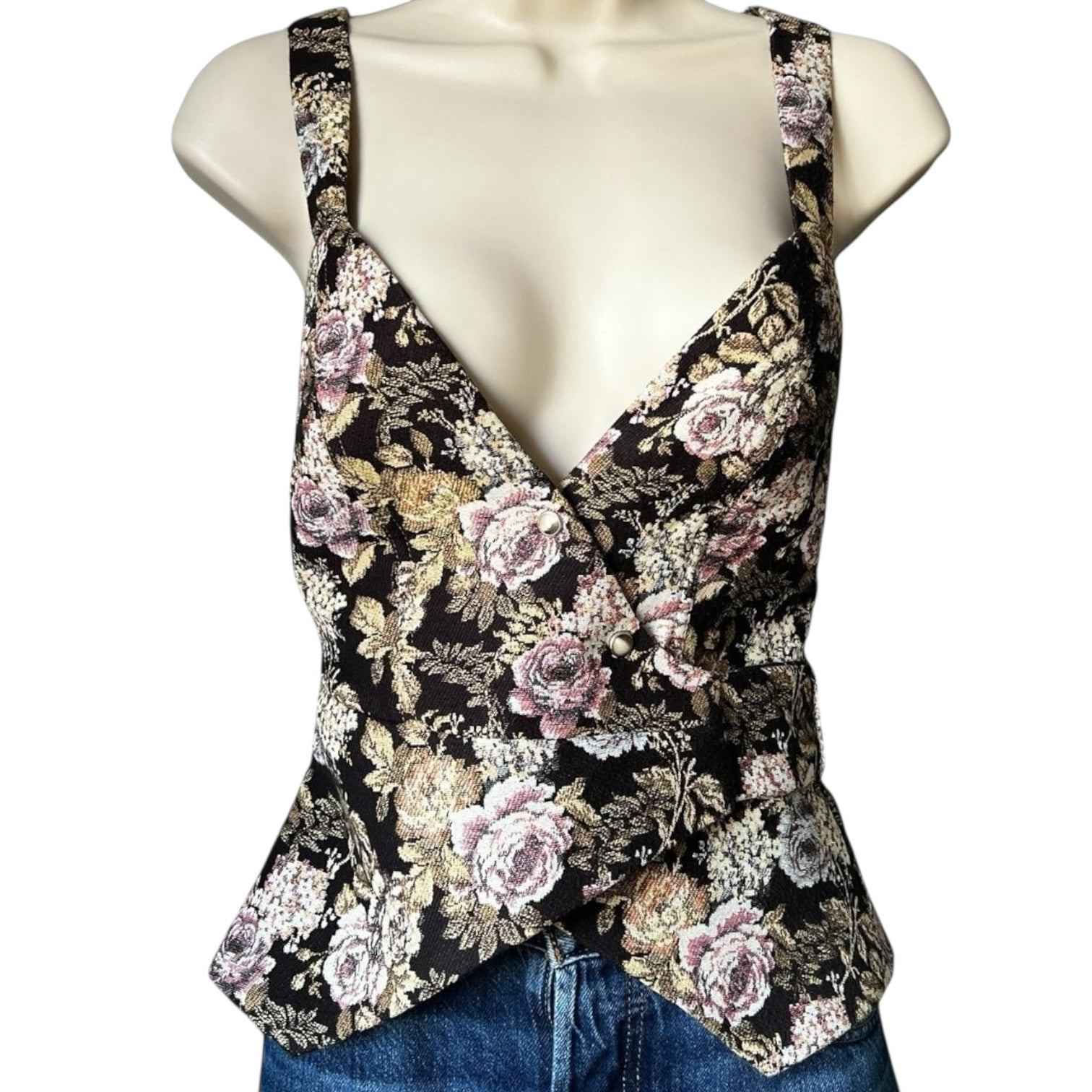 Nanushka Levi Tapestry Floral Jacquard Peplum Wrap Vest Top – S