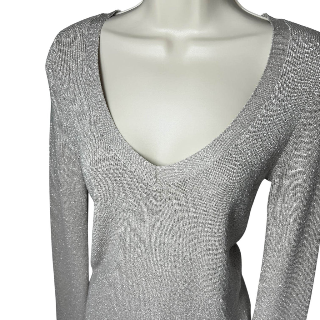 Joseph Metallic Silk V-Neck Jumper – Silver Knit, Size S – pre-loved
