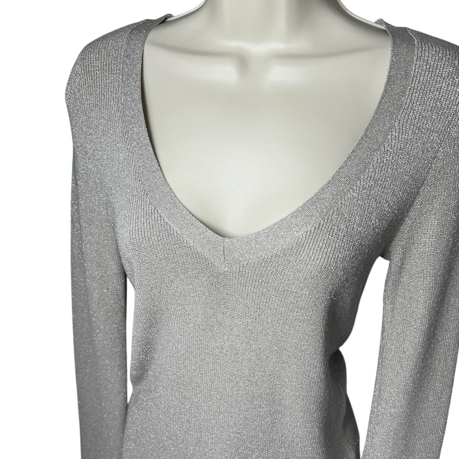 Joseph Metallic Silk V-Neck Jumper – Silver Knit, Size S – pre-loved