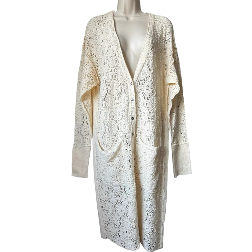 Free People Crochet Lace Duster – Boho Coastal Cardigan, Relaxed Fit, Cotton, Size S – pre-loved