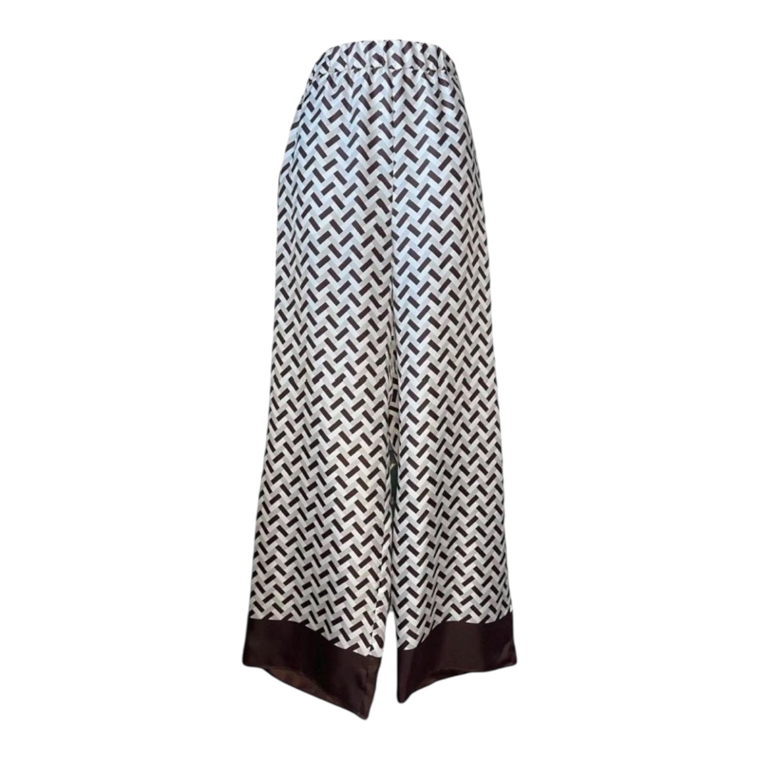 MaxMara Silk Wide-Leg Trousers – Retro Geometric Print, Lounge-Chic Pyjama Style, UK 14 – pre-loved