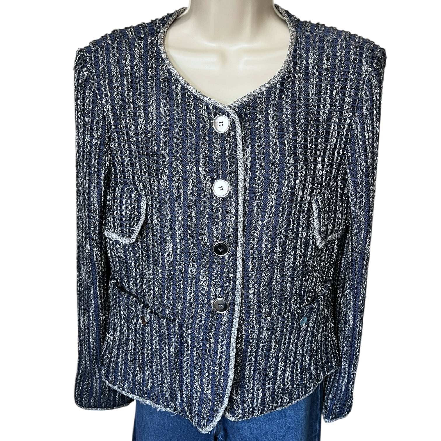 Theyskens’ Theory Tweed Collarless Blazer – Distressed, Silk-Lined, US 6 – pre-loved