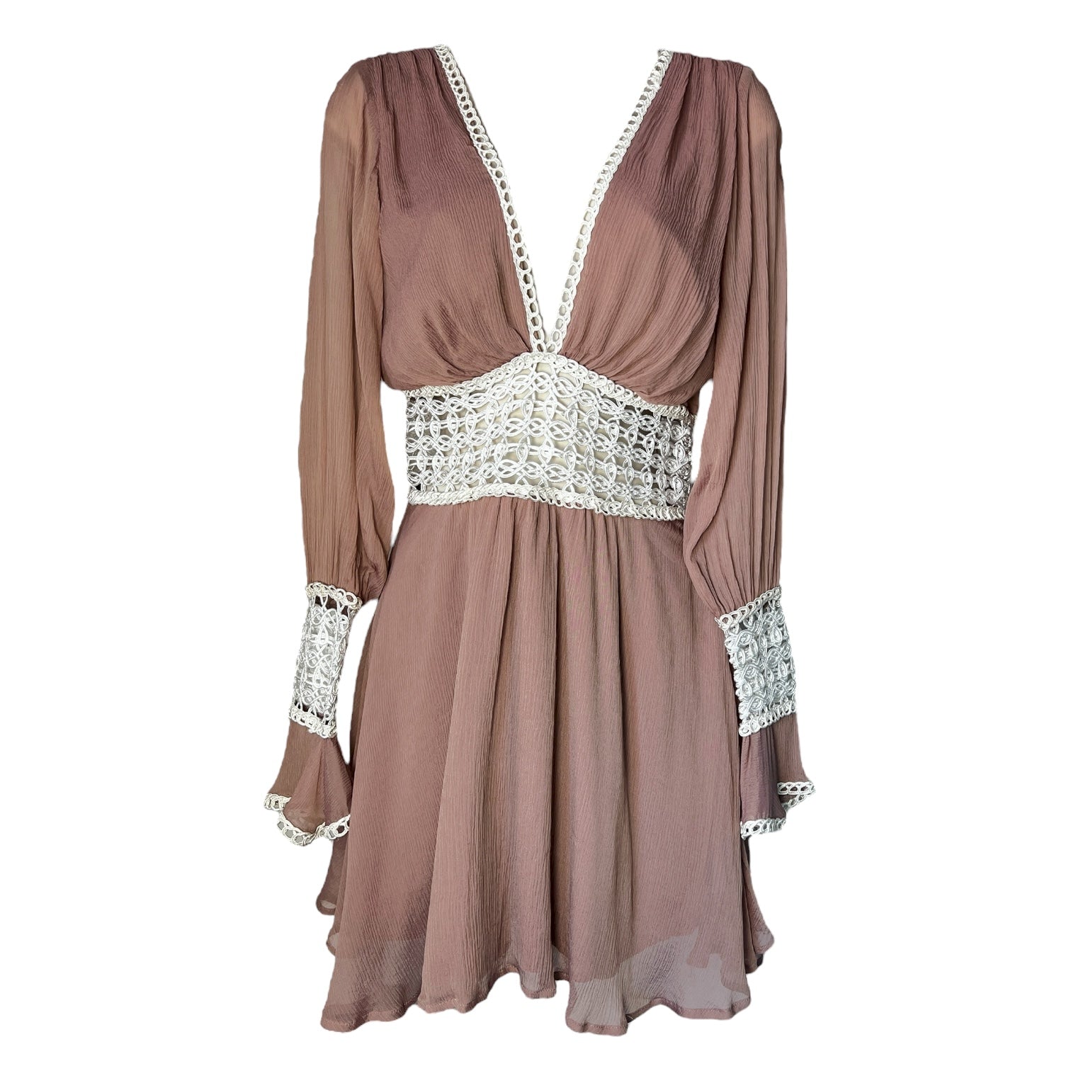 For Love & Lemons Silk Lace V Neck Long Sleeve Mini Dress – Blush Pink, XS