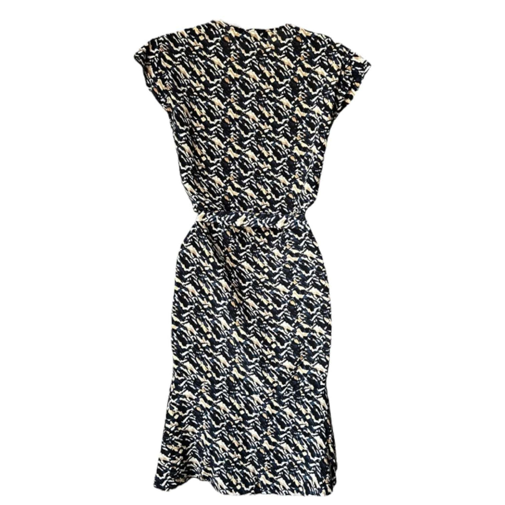 Saloni Silk Ruffle Button Mini Dress – Abstract Print, Belted, UK8 – pre-loved