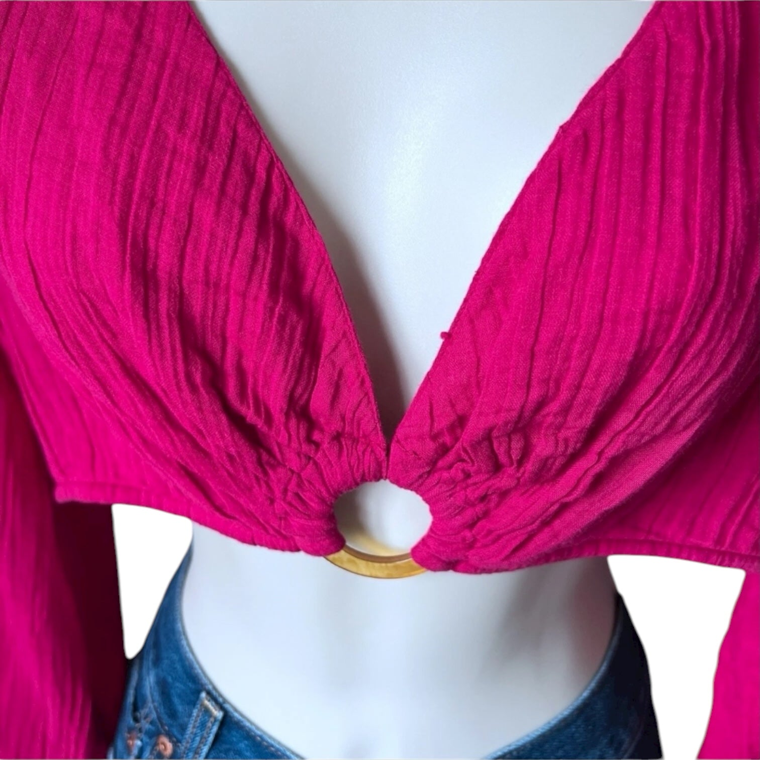 Antik Batik Plunge Ring Crop Top – Cotton Muslin Balloon Sleeve Blouse, S