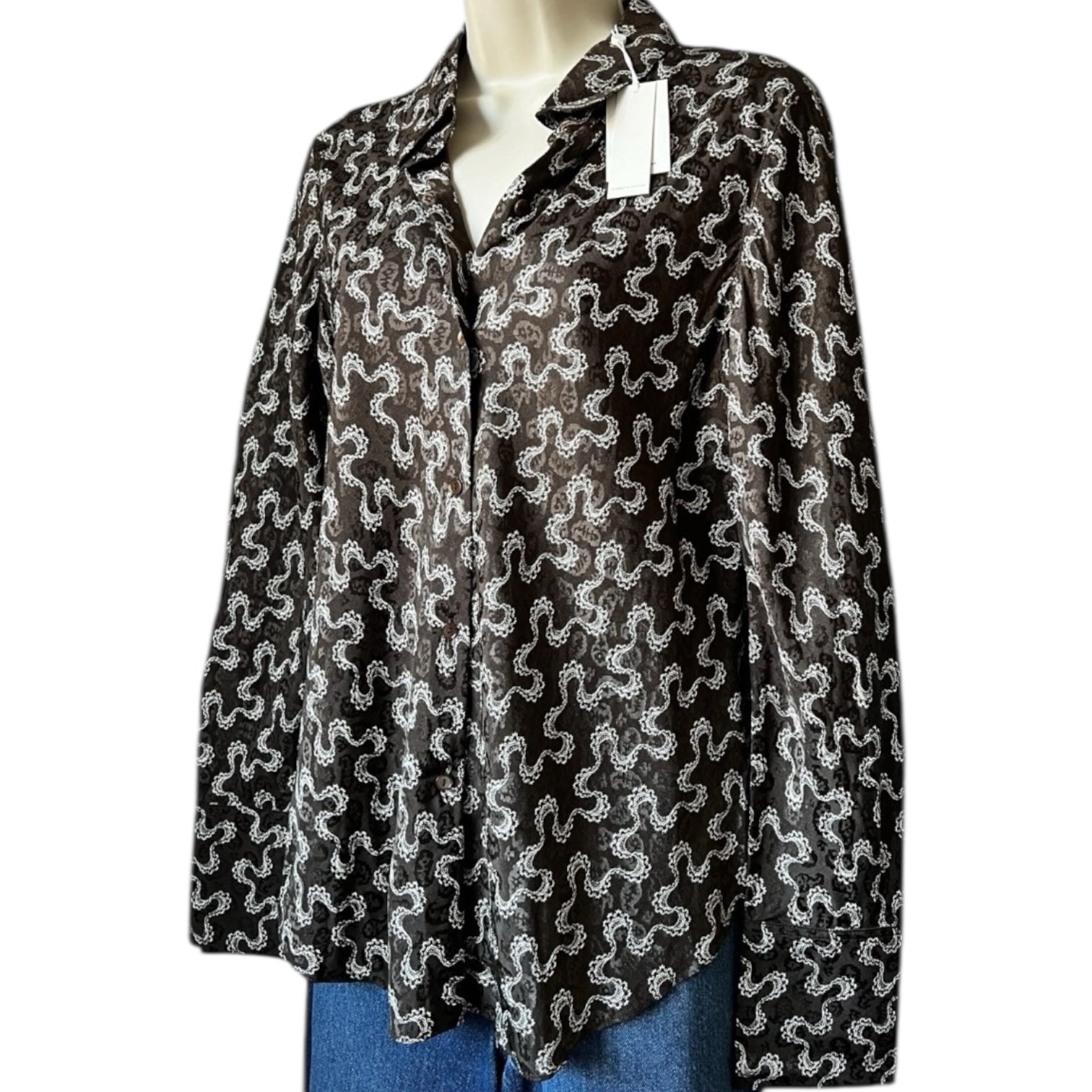 Rebecca Taylor Silk Jacquard Blouse – Collared Button Shirt, Brown, M